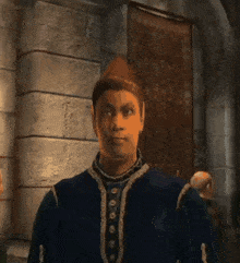 a man wearing a hat and a blue robe is standing in front of a stone wall
