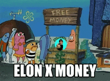 a cartoon of spongebob selling free money to elon musk