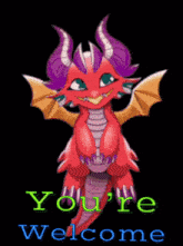 a red dragon with purple horns and the words you 're welcome