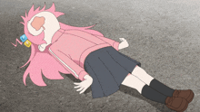 a cartoon of a girl with pink hair laying on the ground with the word we on her head