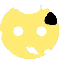 a yellow circle with two white circles and a black cloud on top