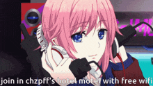 a picture of a girl with headphones and the words join in chzpff 's hotel motel with free wifi on the bottom