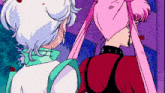 a cartoon of a girl with white hair and a pink haired girl