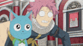 a cartoon character with pink hair stands next to a blue cat