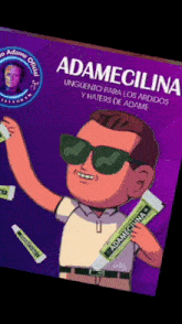 a cartoon of a man holding up a tube of adamecilina