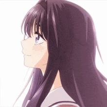 a close up of a girl with purple hair