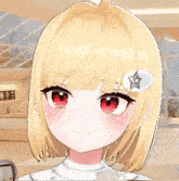 a girl with blonde hair and red eyes has a star in her hair clip