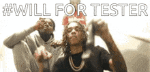 a group of men are standing next to each other with the words `` will for tester '' written in white letters .