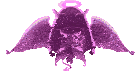 a purple angel with wings and horns is holding a harp