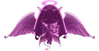 a purple angel with wings and horns is holding a harp