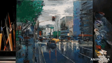 a painting of a city street with the words made in animotica below it