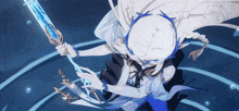 a girl with long white hair is holding a sword in her hands