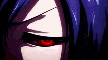a close up of a person 's face with red eyes and a purple hair .