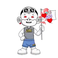 a cartoon character is wearing a shirt that says ' zhou ' on it