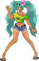 a cartoon drawing of a girl wearing shorts and a shirt with a brazilian flag on it