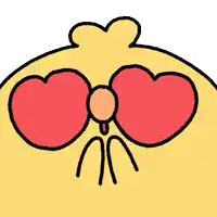 a close up of a cartoon chicken with hearts on its eyes