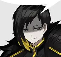 a black and yellow anime character with a speech bubble coming out of his mouth
