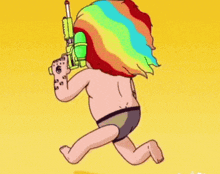 a cartoon character with a rainbow haircut is running with a gun in his hand .