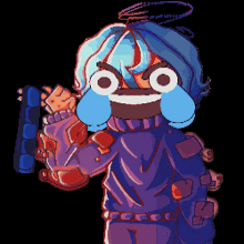 a pixel art drawing of a person holding a gun and crying