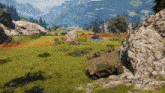 a video game scene with a green vehicle on the ground