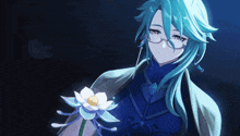 a person with long blue hair is holding a flower