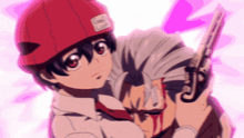 a boy in a red hard hat is holding a gun in his hand