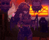 a girl with a dragon costume is standing in front of a wall with cartoon characters on it