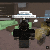 a screenshot of a video game where a person is talking to another person and says about that