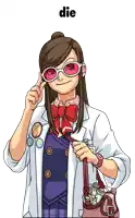 a cartoon of a girl wearing sunglasses and holding a purse with the word die below her