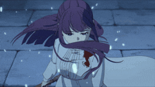a girl with purple hair is holding a stick