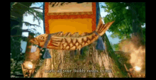 a video game scene with a fish hanging from a tree stump and the words leave all your buddy needs to me