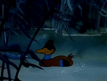 a cartoon duck is swimming in a dark lake