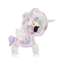 a clear unicorn with a purple mane and tail