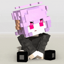 a minecraft character with pink hair and pink eyes sits on the floor