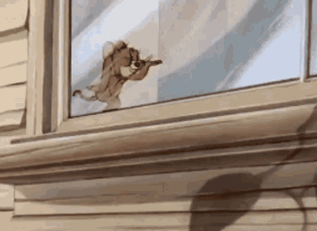 a cartoon of jerry looking out a window with a gun