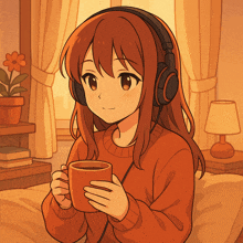 a girl wearing headphones is holding a mug of coffee