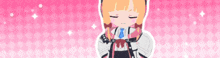 a girl with a cat ear is standing in front of a pink and white background ..