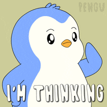 a cartoon penguin says " i 'm thinking " while giving a thumbs up