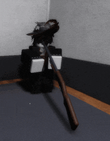 a cartoon character with a feathered hat holding a rifle
