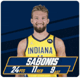 a man wearing a yellow indiana jersey with the name sabonis on it