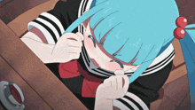a girl with blue hair and a red cherry in her hair