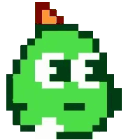 a pixel art drawing of a green frog with a red hat on its head .