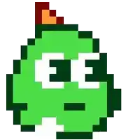 a pixel art drawing of a green frog with a red hat on its head .