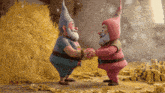 two gnomes are shaking hands in front of a pile of gold coins