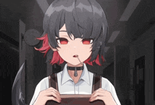 a girl with red eyes and black hair is holding a stick