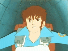 a cartoon character in a blue shirt is sitting in a red chair