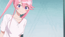 a girl with pink hair is wearing a white t-shirt