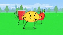 a group of cartoon characters including a lemon and an apple are dancing in a park