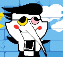 a pixel art drawing of a cartoon character with a long nose covering his mouth .