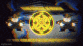 a glitch effect of three cartoon characters standing in front of a golden circle with the words the golden circle of justice